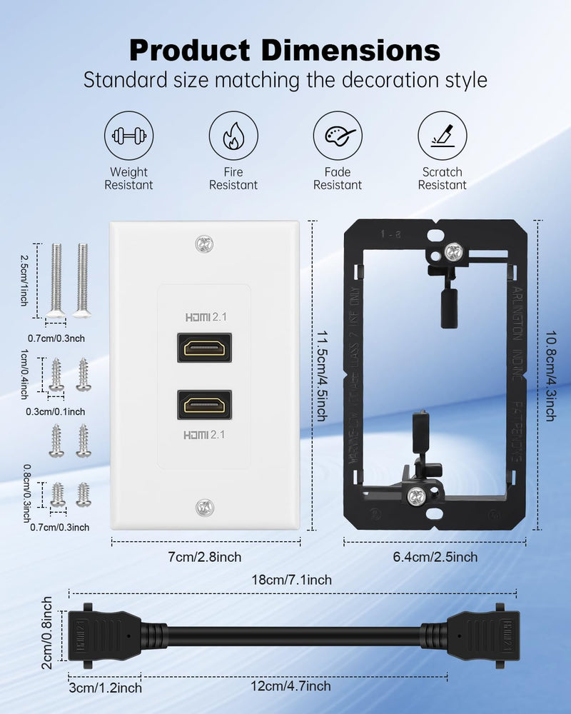 HDMI Wall Plate White, HDMI 2.1 Wall Plate2 Port, HDMI wall outlet Pass Through Socket, Fits Home Theater Systems, Supports 8K@60Hz and 4K@120Hz, 3D, HDR, 48 Gbps HDMI Box