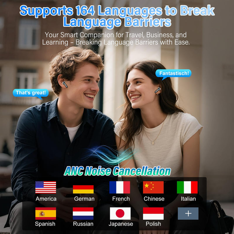 Wireless Earbuds, AI Translation Earbuds Real Time Touch Screen | 5 EQ Modes, 48H AI Ear Buds with ANC Noise Cancelling/Transparency Mode, IPX7 Waterproof, 164 Language/7 Translation Modes Premium Black