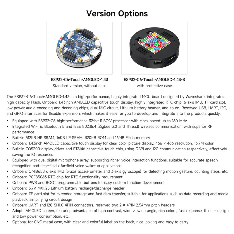 Waveshare ESP32-C6 1.43inch AMOLED Touch Round Display Development Board, 466×466 Pixels, 160MHz RISC-V Processor, QSPI Interface, Dual Digital Microphone Array, with Enclosure