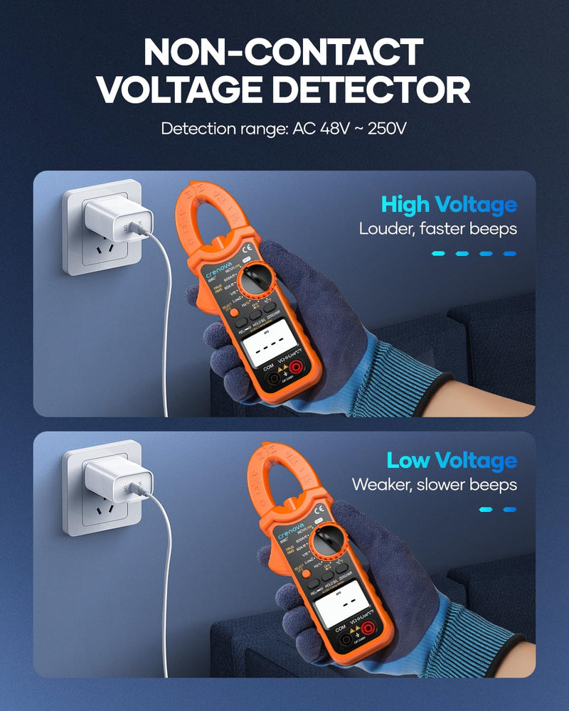 Crenova Digital Clamp Meter Multimeter 6000 Counts TRMS Voltage Tester Amp Meter for AC/DC Current/Voltage,Resistance,Capacitance,Frequency,Duty Cycle,Temperature,Continuity,Diode,NCV,Live Wire Test