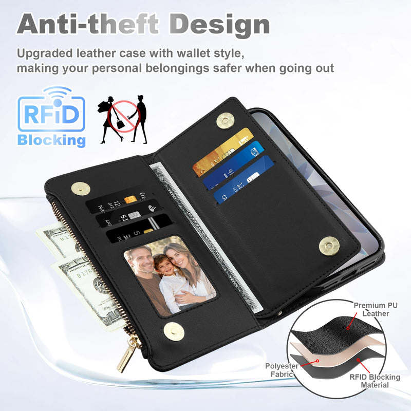 Vofolen for iPhone 17 Case Wallet with Card Holder RFID Blocking Black | Crossbody Strap, Leather Heavy Duty Shockproof Protective, Magnetic Clasp Zipper Pocket, Metal Ring, Wrist Strap Phone Case