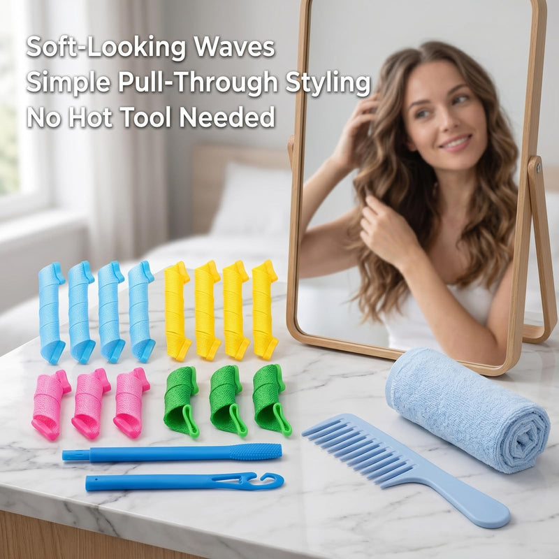 Spiral Hair Rollers, 17 Heatless Mesh Curlers With 2-Piece Styling Hook | Flexible Sleeves In 4 Colours, Connectable Tool Feeds Strands Through, Across Hair Lengths And Textures, Home Or Travel 2 Pack