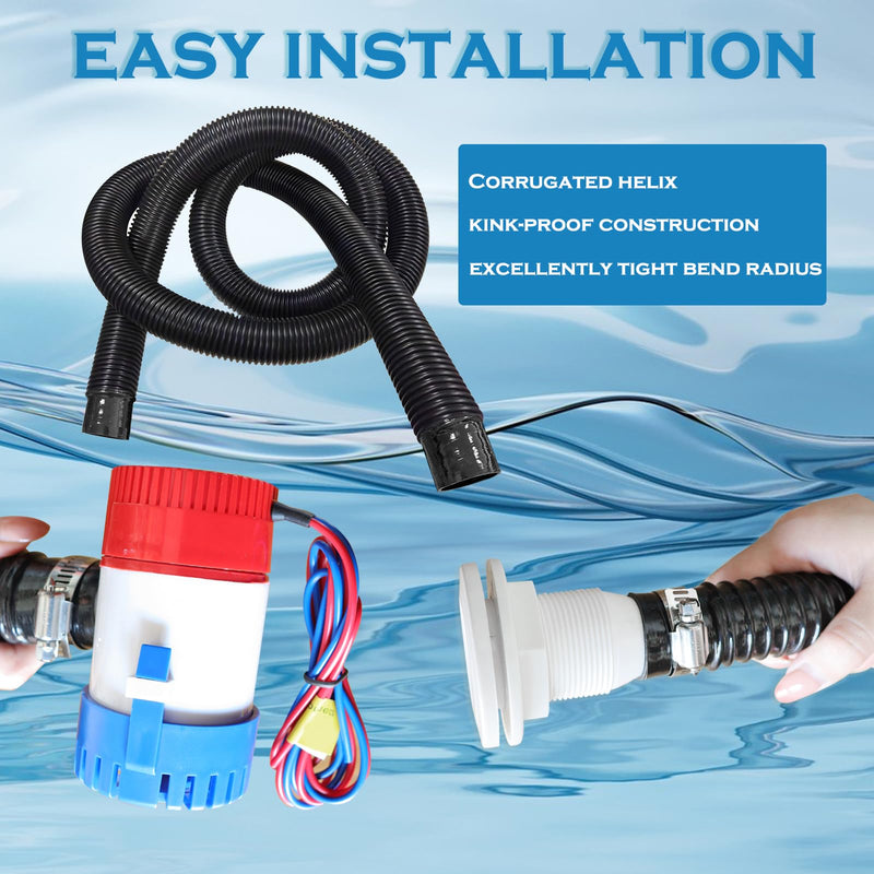1-1/8 Boat Bilge Pump Hose Kit,1100gph Electric 12v Bilge Pump Can Choose,1-1/8 Dia 6 FT Kink-Free PVC Hose,1-1/8 Inch ABS Thru-Hull Fitting,2PCS Stainless Steel Hose Clamps for Boat Marine Hose Kit+Manual Bilge Pump