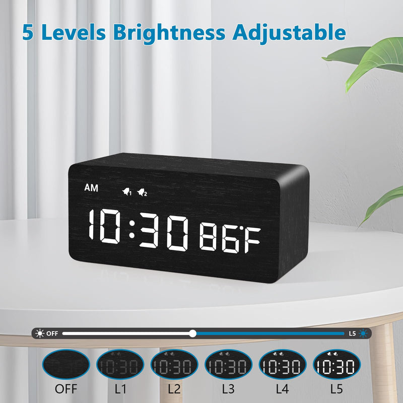 MOSITO Digital Wooden Alarm Clock with Wireless Charging, 0-100% Dimmer, Dual Alarm, Weekday/Weekend Mode, Snooze, Wood LED Clocks for Bedroom, Bedside, Desk, Kids (Black) Black