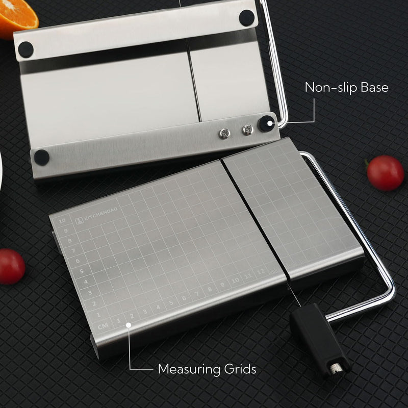 KITCHENDAO Replaceable Wire Cheese Slicer with Board and Measuring Grids,Tightness Adjustable Cheese Slicer, Stainless Steel Metal Cheese Cutter for Block Cheese, Dishwasher Safe, with 2 Extra Wires KD20326 Cheese Slicer(Black Handle)