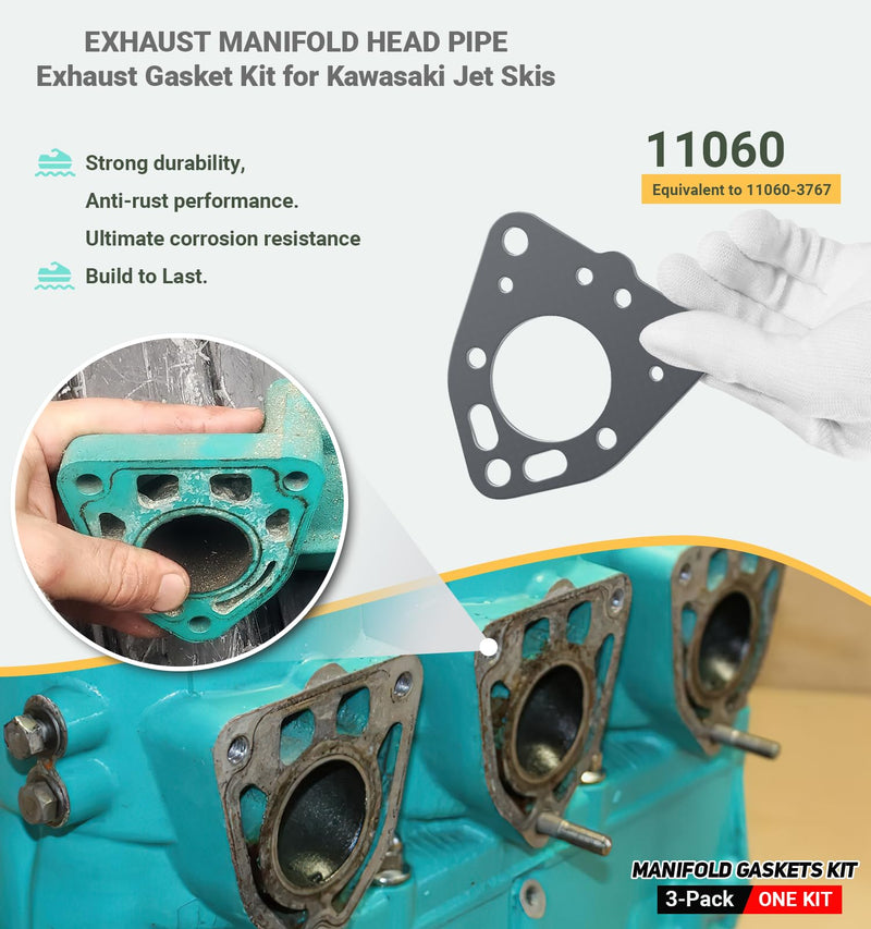 5 Pack Exhaust Rebuild Gaskets Seals Kit Replacement for Kawasaki Jet Skis 1100 ZXI/1100 STX/Ultra 130