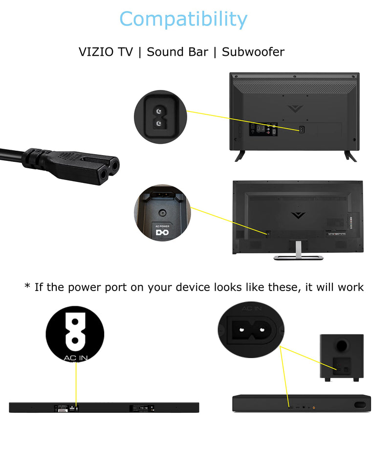 8FT AC Power Cord Compatible with Vizio Sound Bar System, Vizio E-M Series LED Smart TV Power Cable Replacement 8FT