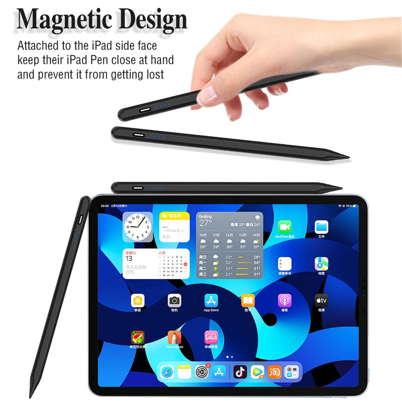 Active Stylus Pens for Touch Screens Rechargeable Tablet Pen POM Tip Magnetic iPad Pencil Stylus Pen for iPad/Pro/Air/Mini/iPhone/Samsung/Android and Other Smartphone Device-Black AC08U-Black