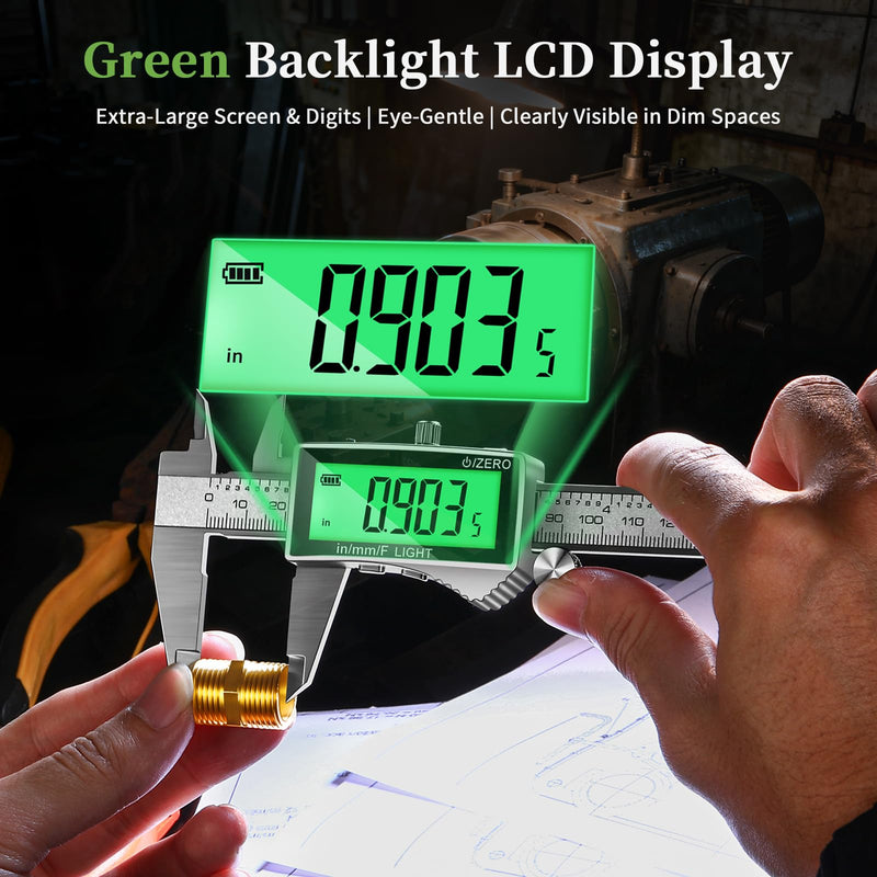 Rechargeable Digital Caliper 6 Inch, Stainless Steel Vernier Dial Calipers Measuring Tool - Backlit Large LCD Display, Inch/MM/Fraction, Auto-Off Micrometer for DIY, Household, 3D Printing