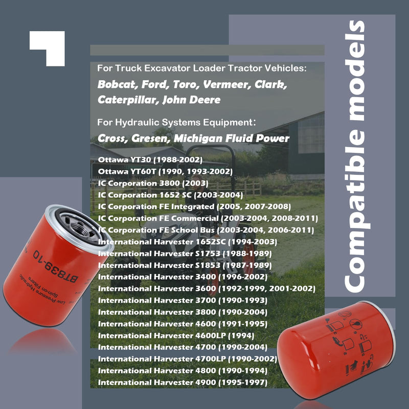 BT839-10 Heavy Duty Hydraulic Filter Compatible with Bobcat Ford Toro Vermeer John Deere New Holland Replaces 1A9023 8057000 HF6057 6516722 107249 7700040 (1 PCS) BT839-10 1 PCS