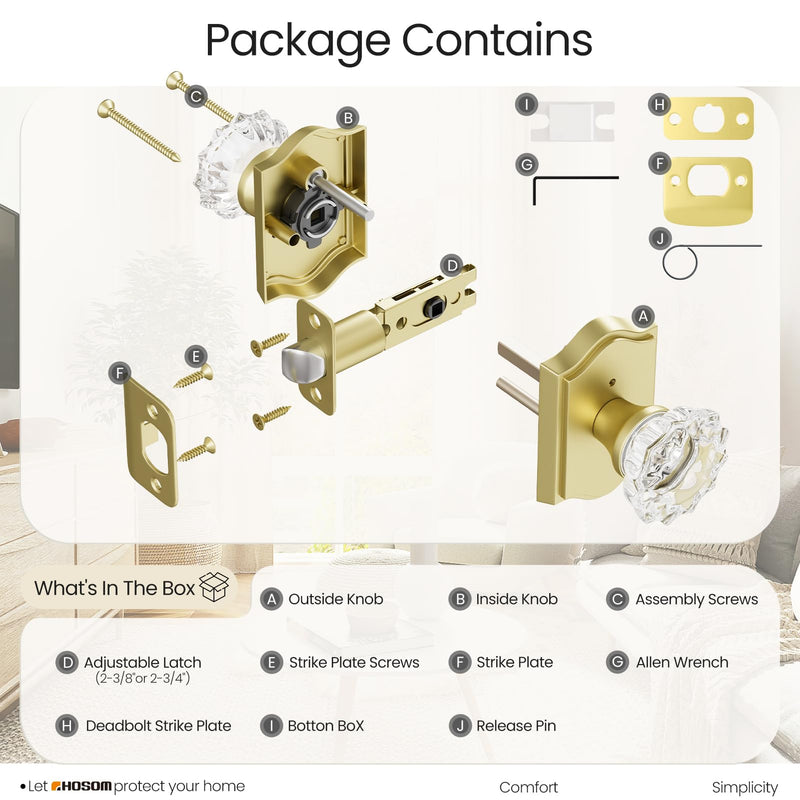 HOSOM Glass Door Knobs with Lock, Privacy Door Knob, Keyless Gold Door Knobs, Crystal Door knobs Interior Door Lock for Bedroom, Bathroom, Gold Privacy+Satin Brass Round Cover With bead