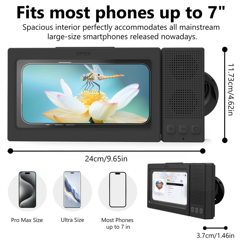 Shower Phone Holder with Wireless Bluetooth Speaker,- 480°Rotatable Retractable Adjustable Shower iPhone Case, Bathroom Wall Phone Stand Water Proof Anti Fog,Accessories for 4-7"Cellphones (Black) Black