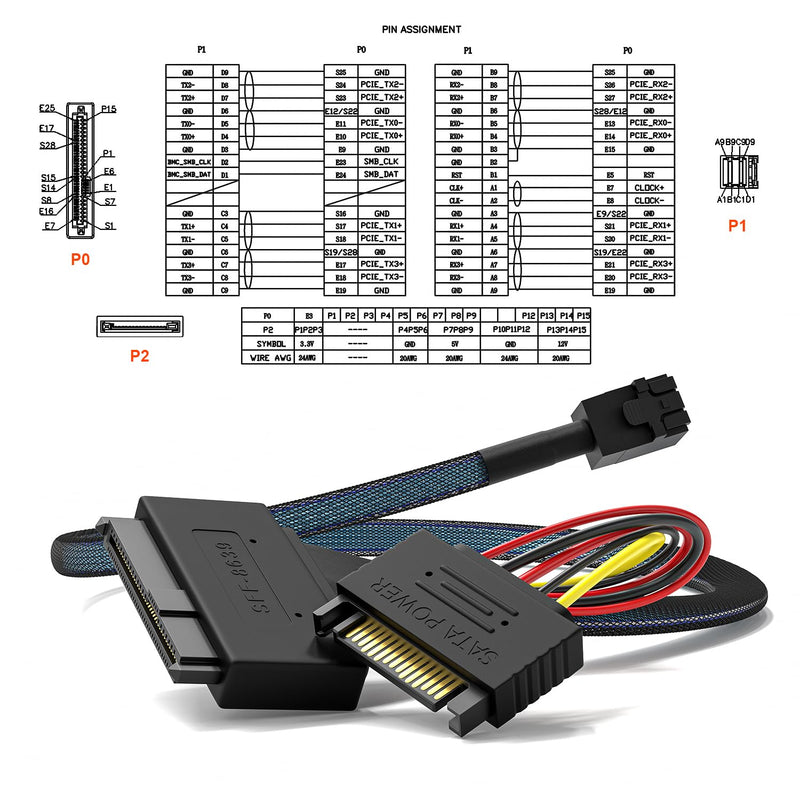 Internal 12G Mini SAS HD to U.2 / SFF-8643 to SFF-8639 Cable 0.5m with 15Pin SATA Power for U.2 SSD 1.6FT