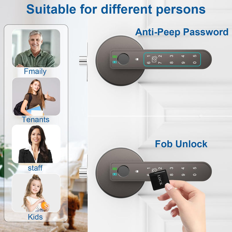 Fingerprint Door Lock, 6-in-1 Smart Door Knob with App Control/Fingerprints/IC Cards/Passwords/2 Keys, Fingerprint Door Knob Biometric Door Lock for Bedroom Apartment-Coffee Brown Coffee Brown