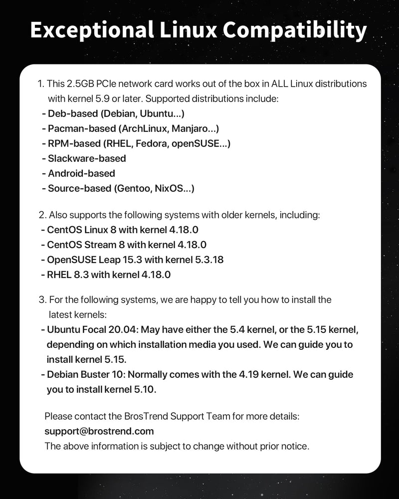 BrosTrend 2.5GB Linux Compatible NIC, PCIe Network Adapter for Ubuntu, Fedora, Debian, Mint, Kali, Windows etc. PCIe Ethernet Card with Extra Low-Profile Bracket Supports All Linux Architectures
