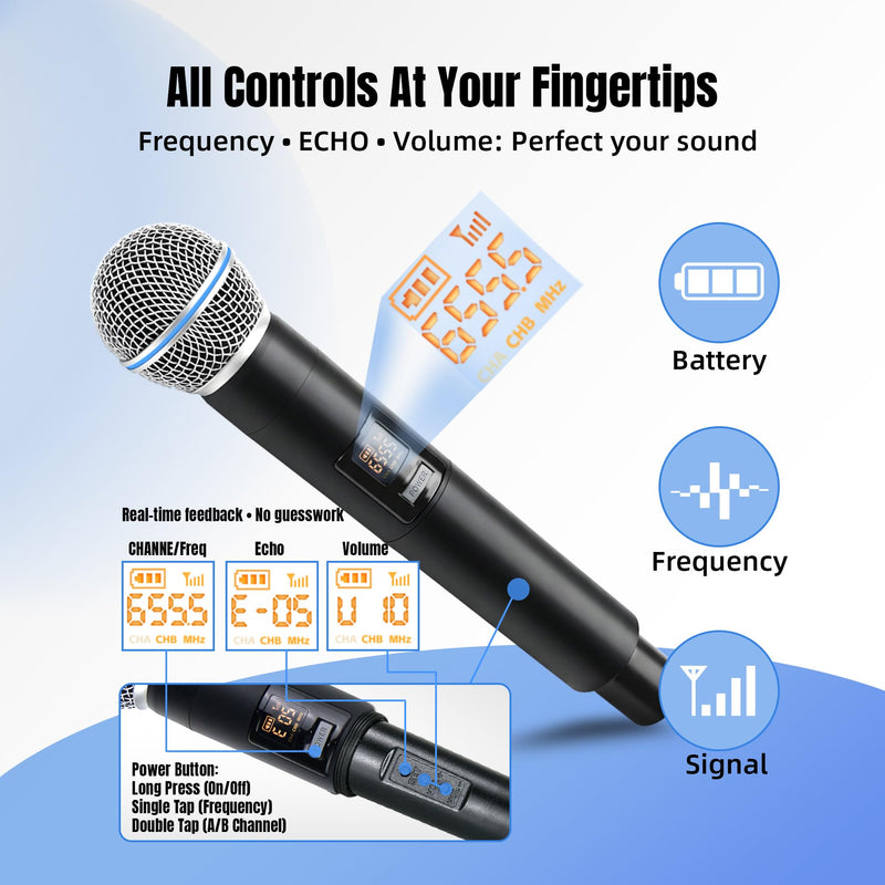 Wireless Karaoke Microphone, Dual Wireless Microphone 2.4G 492 ft Range, Handheld Microphone Wireless Set, Microphone for Karaoke Machine, PA Speaker, Mixer, Microphone for Singing