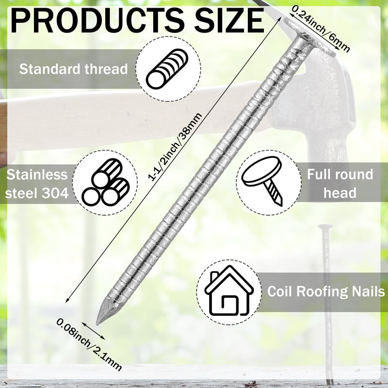 Tandefio 1-1/2 Inch 2 Pounds Roofing Nails 304 Stainless Steel Roofing Felt Nails Flat Head Hardware for Shingles, Cedar Wood, Decking, Wall (Silver) Silver