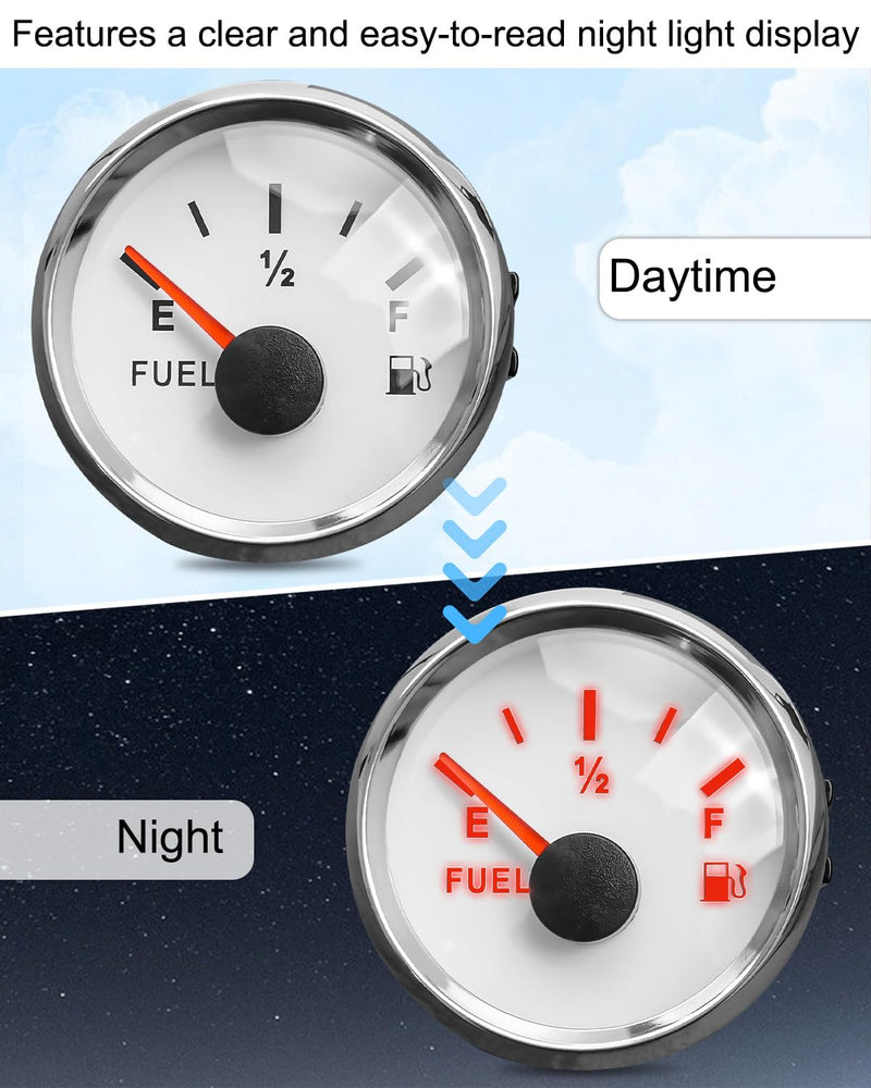 Boat Fuel Level Gauge 73-10 ohms (Empty-Full) for Marine Car RV Yacht Motorcycle Automotive, 52mm 9-32VDC White 73-10 ohm 52mm White