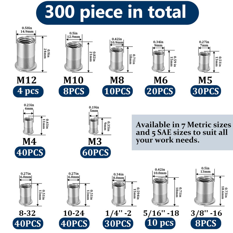 Metric & SAE Rivet Nut Assortment Kit(300 Pcs), M3 M4 M5 M6 M8 M10 M12#8-32#10-24 1/4"-20 5/16"-18 3/8"-16 304 Stainless Steel Rivnut Set UNC Flat Head Nutsert SAE & Metric Assortment - 300 Pcs Silver