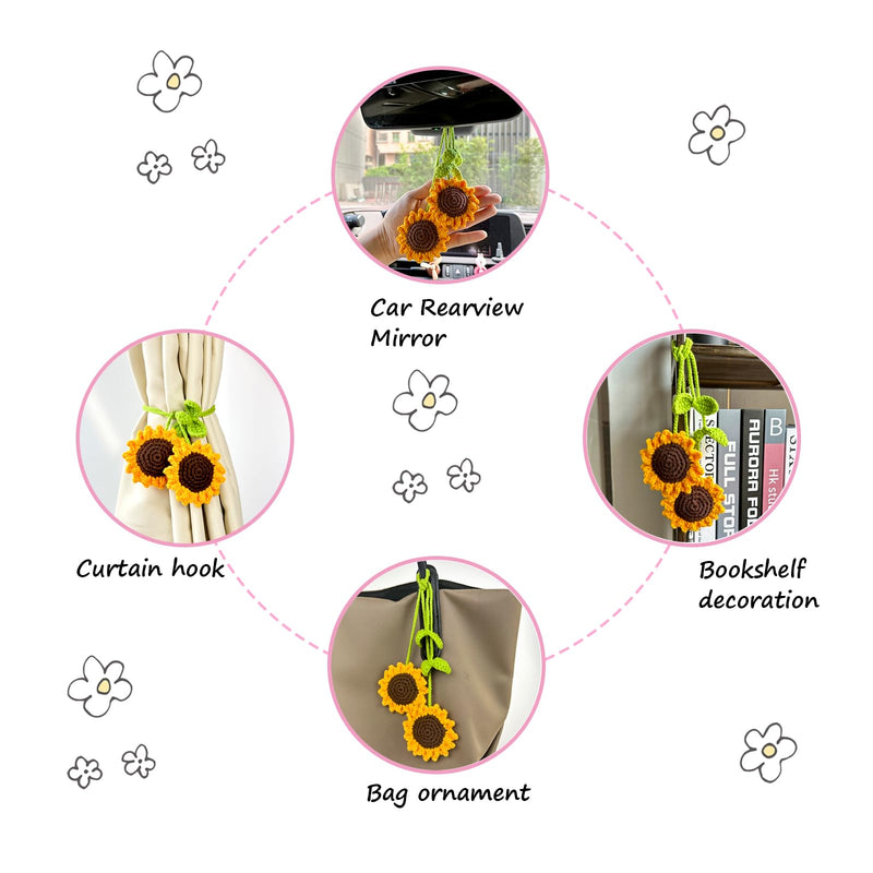 2 Pieces Handmade Sunflower Car Accessories Sunflower Pendants Car Mirror Hanging Accessories