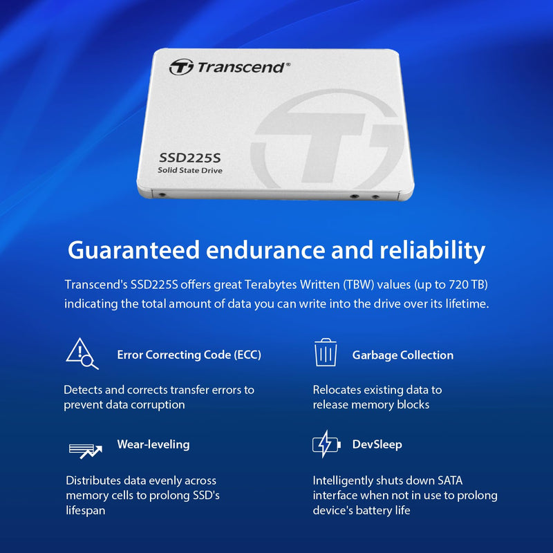Transcend 1TB 2.5" SATA III 6Gb/s SSD, Up to 550MB/s, Compatible with PS4, Laptops, Desktops, PCs, Notebooks Upgrade, Internal Solid State Drive with SLC Cache, 3D TLC NAND, RAID Engine, LDPC Coding SSD225S
