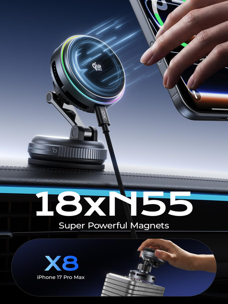 XO Qi2.2 Magnetic Car Mount Charger,25W Fast Charging with Cooling Fan and LED Light, 360° Rotatable Strong Hold Car Phone Mount with for Phone,Universal Fit for Most Vehicles, Easy Installation