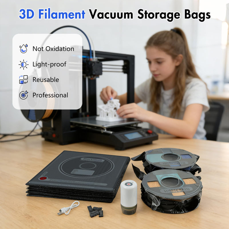 Hifree 25 Pcs 3D Filament Vacuum Storage Bags Kit with 5 Sealing Clip and 1Pump PA/DP/PC/PLA/ABS/TPU/ASA/PETG Lightproof Dustproof Humidity Resistant Reusable Vacuum Storage Seal Bag(12.6" X 13.4") 25PCS Storage Bags+Pump