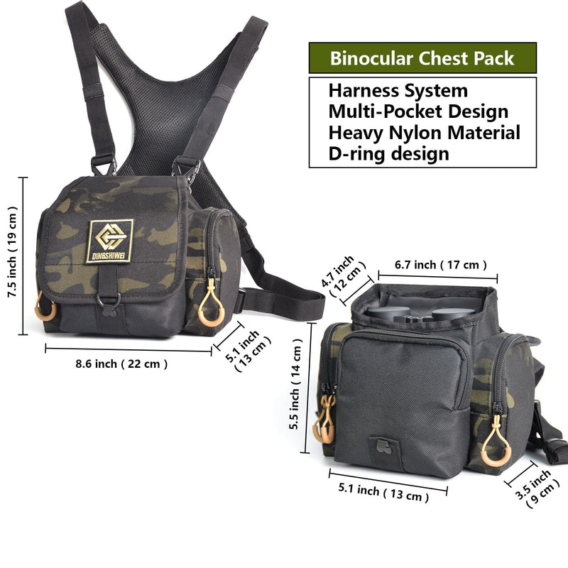 Binocular Chest Pack Camo Hunting Harness with Rangefinder Pouch | Water-resistant camo binocular pack with breathable X-back straps, storage pockets and quick access for hunting & birding