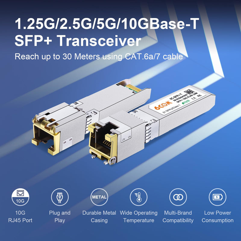 1.25G/2.5G/5G/10GBase-T SFP+ Transceiver, 10G SFP+ to RJ45 Copper Module, CAT.6a/7, up to 30 Meters, for Cisco SFP-10G-T-S, Ubiquiti uacc-cm-rj45-mg, D-Link, Supermicro, MikroTik S+RJ10 and More 10GBase-T: 30m