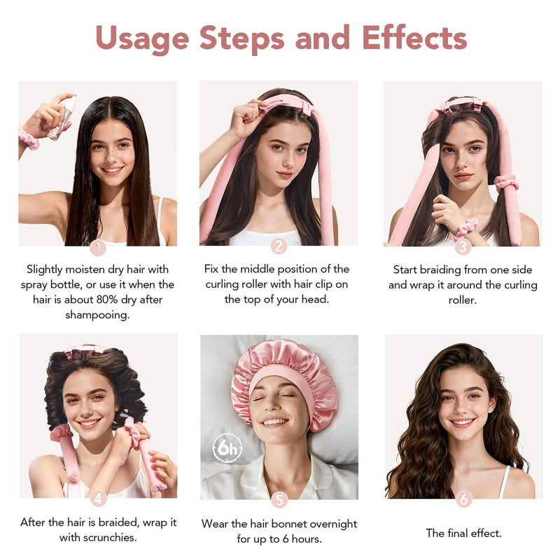 Heatless Hair Curler Overnight 11Pcs Set, 2 Sizes of Hair Rollers for Women with Bonnet to Sleep In, No Heat Curlers with Scrunchies and Clips, for Long and Medium Hair (pink) pink