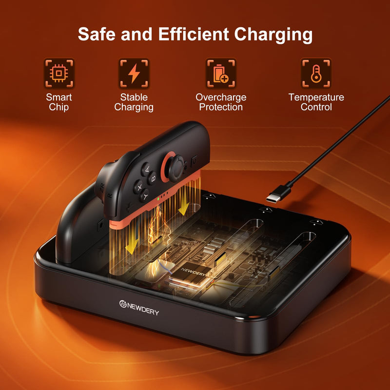 NEWDERY Controller Charger for Nintendo Switch 1/2 Joy Con, Charging Dock | 8 in 1 Fast Charging Station | Magnetic Snap | USB C Cable | LED Indicators | Organizer Stand Accessories | for Joy Con 2/1