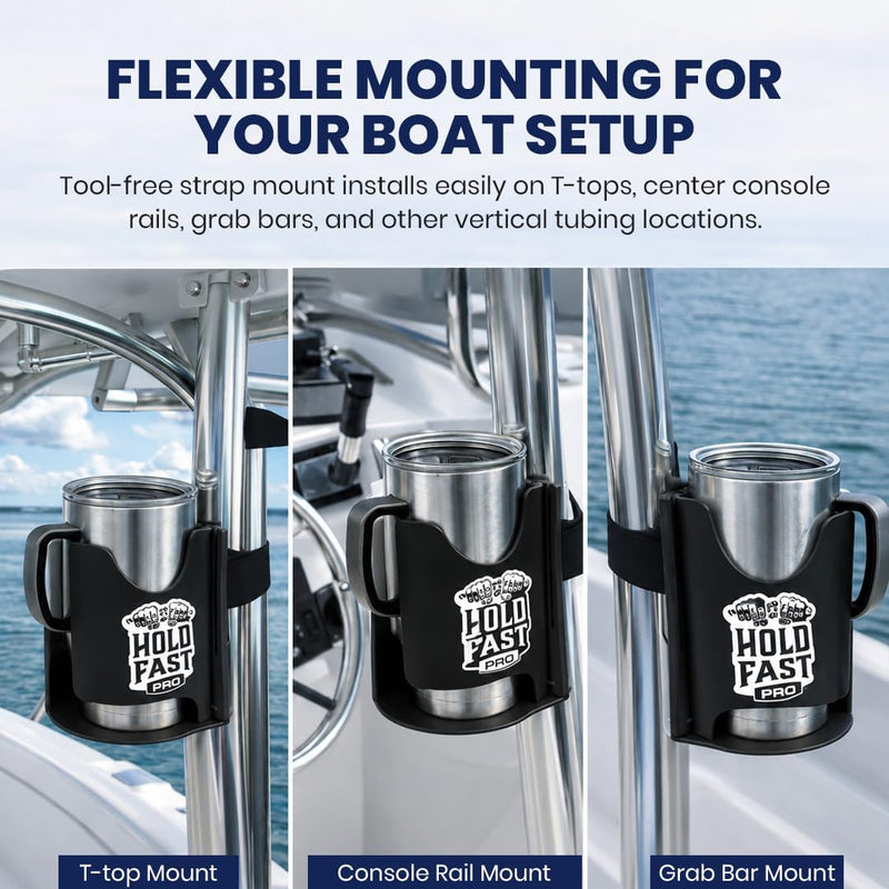HoldFastPro Boat Cup Holder, Adjustable Universal Boat Cup Caddy for Rails & Grab Bars, Marine Drink Holder for Center Console, & T-Top Mounting, Black