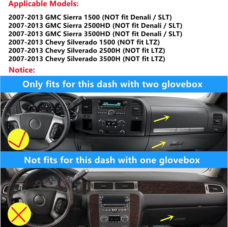Dash Cover Fits for Chevy Chevrolet Silverado 1500 LT/WT 2007-2013 2500 HD / 3500 HD/GMC Sierra 2007-2013 (Only Fit Models with Two Glove Boxes)