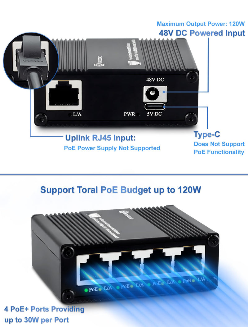 5 Ports Gigabit PoE+ Mini Ethernet Switch - 4 PoE+ @ 120W With 1 Uplink Port, 802.3at Enhanced Protection, Unmanaged Network Switch, Plug & Play, Sturdy Metal Housing, Desktop Design 5-Ports | 4 Ports PoE+,120W