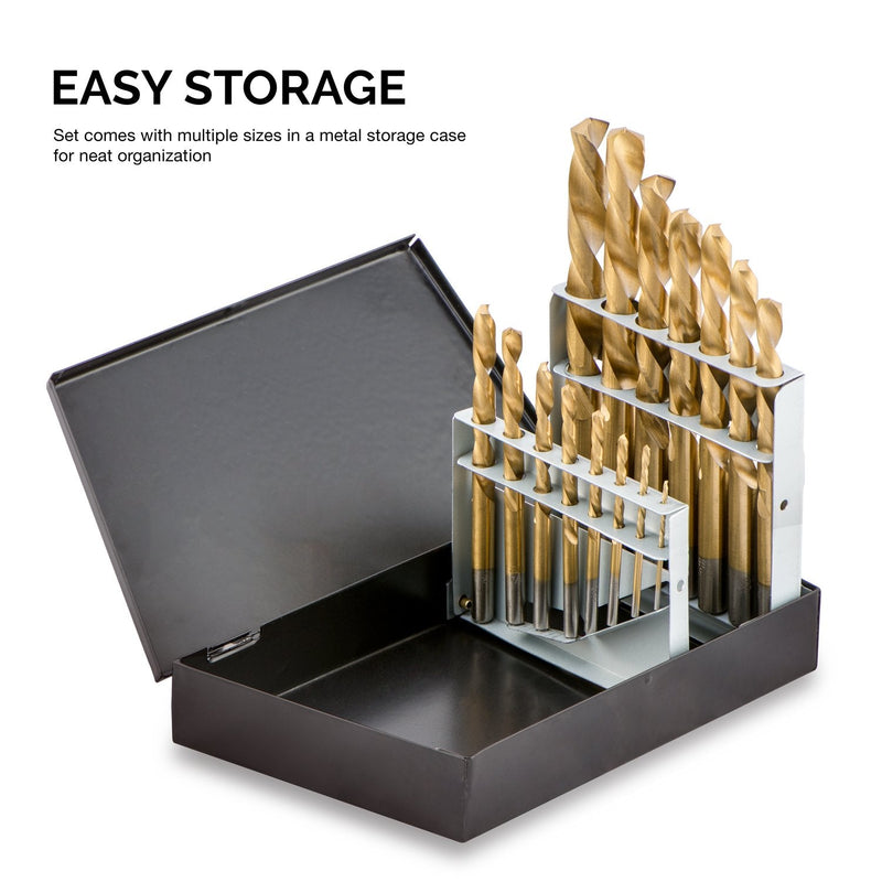 NEIKO 10037A Left-Hand Drill-Bit Set, High-Speed Steel Drills with Titanium Nitride Coating, Reverse-Twist Drill Bits, SAE Sizes, 15-Piece Set Left-Handed Drill Bit 15 Piece