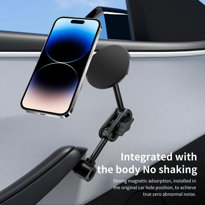 Magnetic Door Phone Mount for Tesla Model 3/Y 2021-2026, MagSafe Compatible Aluminum Alloy Phone Holder, 4D Adjustable, Strong Magnets, Factory Hole Install, No Drill, Includes Metal Ring