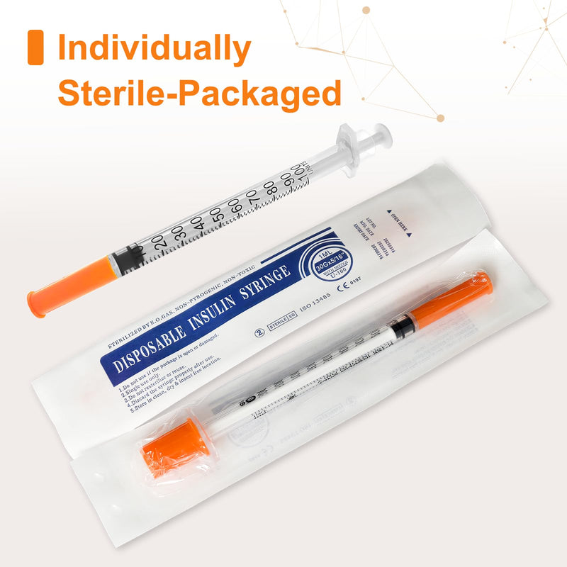 100 Pack U-100 Syringes, 1ml/cc 30G 5/16" (8mm) Disposable Syringe, Individually Packed 1ml 5/16 inch 30G 100