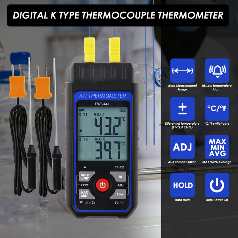 Thermocouple Thermometer Digital K Type Thermometer with 4 Thermocouples, -328~2500℉ Measuring Range HVAC Dual Channels Temperature Meter Gauge with LED Backlight & ADJ Compensation Black
