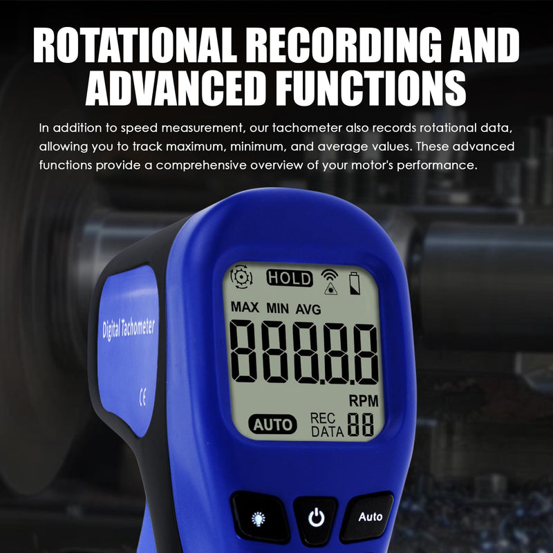 Laser Photo Tachometer Motor Speed Gauge Tester Non-Contact RPM Meter Motor Speed Gauge Gun - Accurate RPM Measurement with Rotational Record (Digital Tachometer) Digital Tachometer