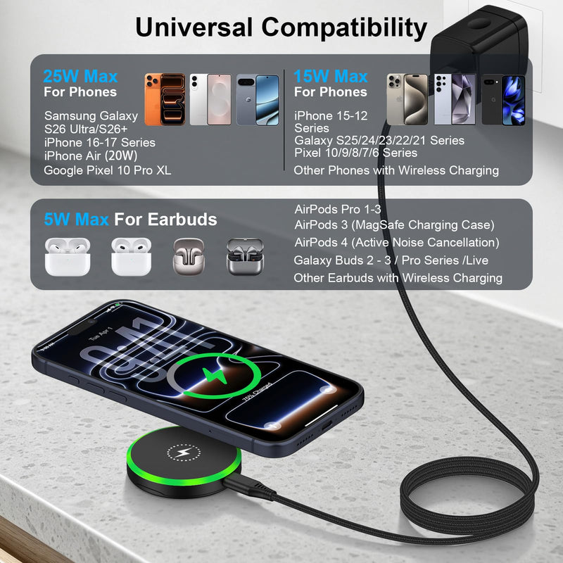 25W Magnetic Wireless Charger for Samsung Galaxy S26 Ultra/S26 Plus/S25/S24/S23/S22/S21/S20 Plus/Magnetic MagSafe Fast Charging Pad for iPhone 17 Pro Max/17e/16/15/14/13/12 Series/AirPods 4/3/2/Pro Black