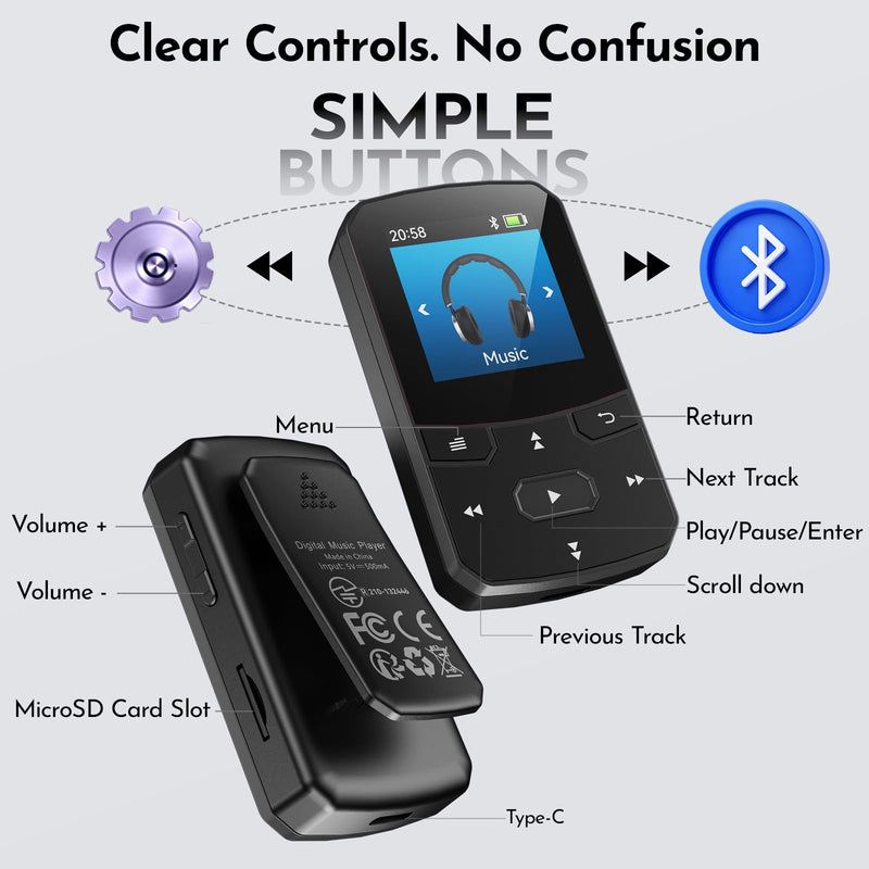 RUIZU 64GB Clip MP3 Player with Bluetooth 5.3 Auto-Reconnect, Weighs 1 oz | Portable Music Player for Sports Running, Physical Button, FM Radio, Voice Recorder, 1.5" Screen, Support 128GB microSD Card Black