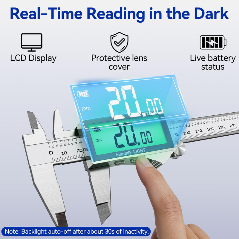 Rechargeable Digital Caliper 6 Inch, High-Precision Stainless Steel Vernier Caliper with Backlight, Support MM/in/F, Type-C Charging, LCD Screen Measuring Tool White