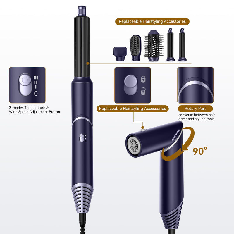 UKLISS 5 in 1 Hair Air Styler Dryer with Air Curlers Auto Curling Wands Multi-use Hair Blow Dryer for Women Set, with Hair Styling Tools Hair Styler Hair Curlers Hair Straightening Brush, Blue/Sliver