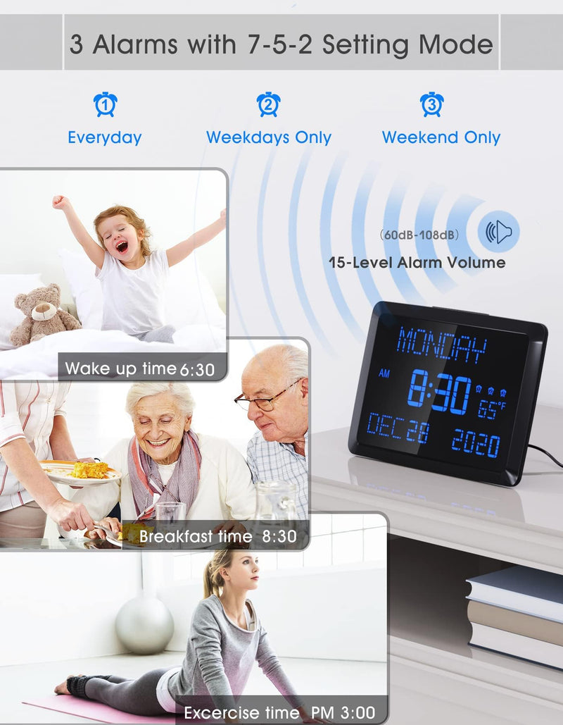 11.5" Large Display Digital Calendar Clock for Seniors, Digital Clock with Date and Day of Week for Elderly, 3 Alarms, 5 Dimmer, Temperature, Alarm Clock for Bedroom Living Room Blue Font