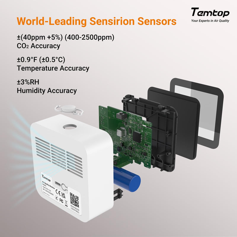 Temtop CO2 Monitor Indoor Air Quality Monitor 3 in 1 CO2 Meter(Temperature, Humidity and CO2), 180 Days Standby Time Basic: CO2/Temp/Humidity