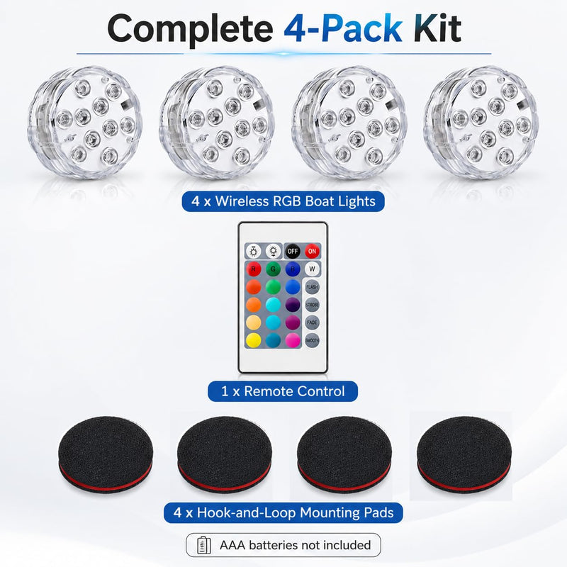 Seaponer Boat Lights Wireless Battery Operated, Waterproof Marine Led Light for Deck Courtesy Interior Lights, Fishing Kayak Duck Jon Bass Boat, RGB Multi Color Remote Controlled, 4pcs