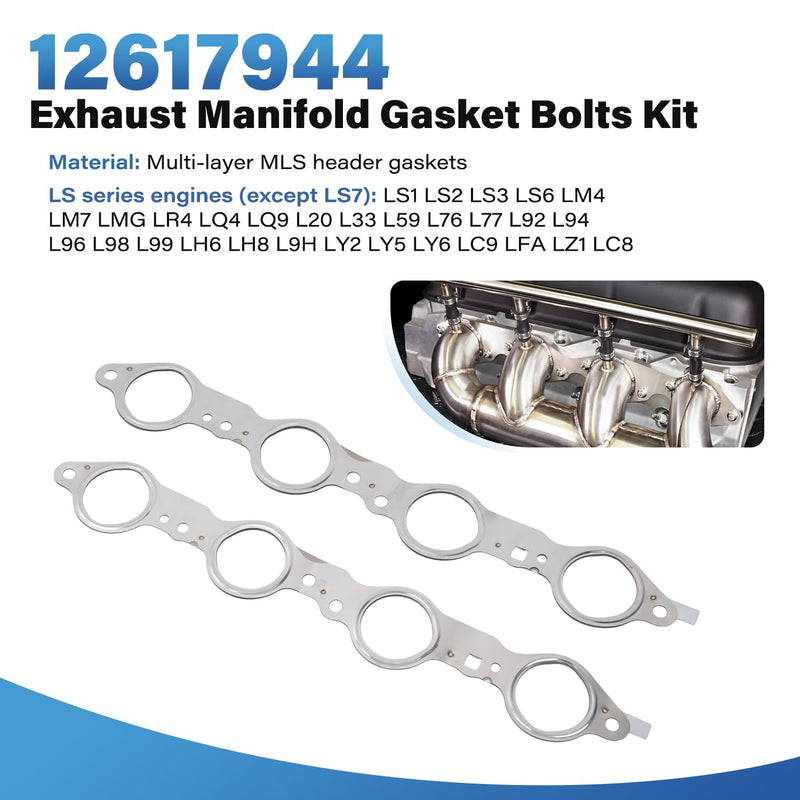 12617944 Exhaust Manifold Header Gasket with Bolts Compatible with Chevy Silverado Camaro Caprice Corvette Tahoe GMC Sierra CTS Escalade LS1 LS2 LS3 LS6 LQ4 LQ9 LM7 4.8L 5.3L 5.7L 6.0L 6.2L