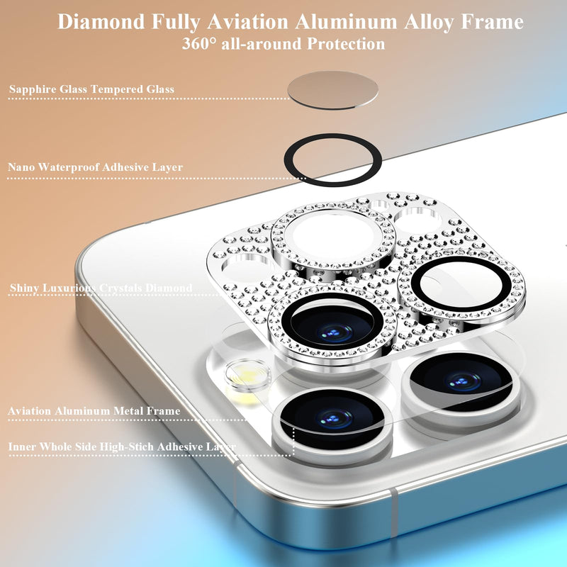 Bling Diamond Camera Lens Protector Cover Compatible for 15 Pro/15 Pro Max Full Coverage Camera Cover Screen Protector[Update] Shatter/Scratch-Resistant Ultra HD/Thin - Silver Diamond iPhone 15 Pro 6.1" / Max 6.7" Whitesilver Diamond