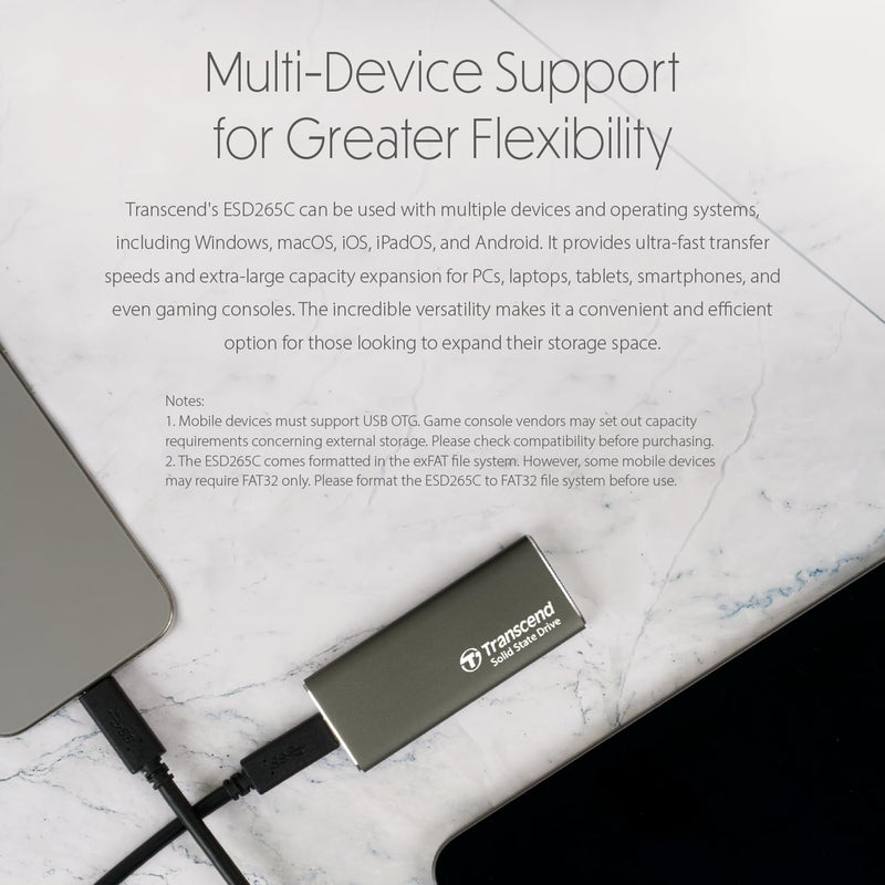 Transcend Portable SSD 500GB External Solid State Drives, up to 1050MB/s USB C SSD External Hard Drive USB 3.2 Gen 2 for iPhone, iPad, Windows, Mac, Android, Tablets, PS5, PS4, Xbox and Smart TV Iron gray (1050MB/s)