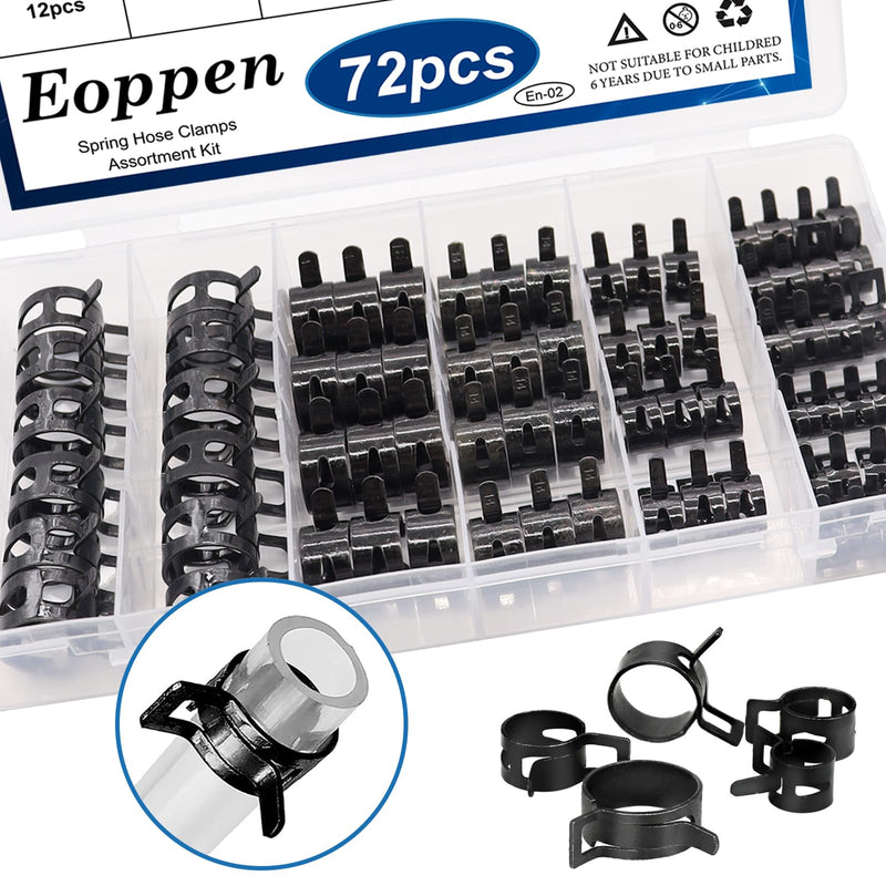 72Pcs Spring Hose Clamps Fuel Line Silicone Vacuum Hose Low Pressure Air Clamps & Sleeving Automotive Replacement Fastener Assortment Kit 6 Sizes (7mm 10mm 11mm 14mm 16mm 18mm) Black 72Pcs Spring Clamps